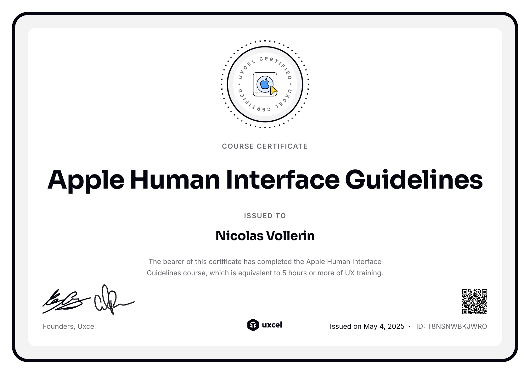 Nicolas Vollerin's certificate